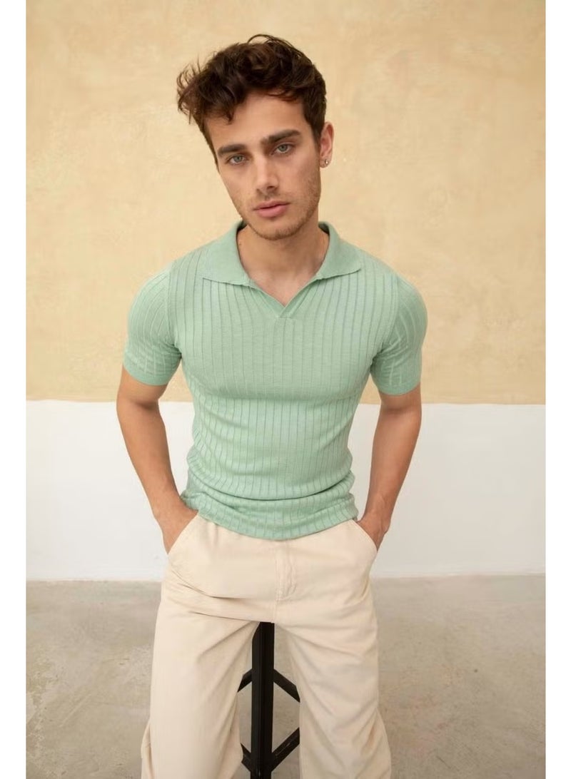 Cool Tarz Cool Style Men's Ribbed Polo Neck Knit T-Shirt - Image 4